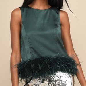 Lulus Fancy Fixation Emerald Green Satin Feather Tank Top - Size L